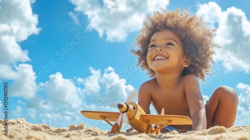 Wallpaper Mural happy child playing on the beach with toy airplane Torontodigital.ca