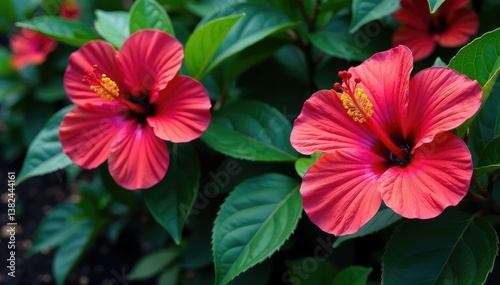 Bold hibiscus blossoms, lush foliage, geometric arrangement , plant, bold