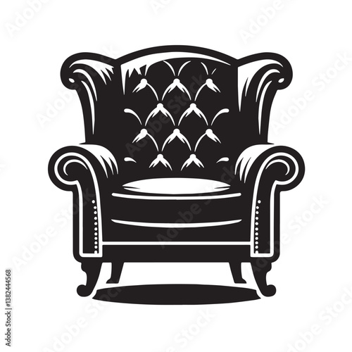 Black Color Armchair Silhouette Vector Illustration, Solid White Background