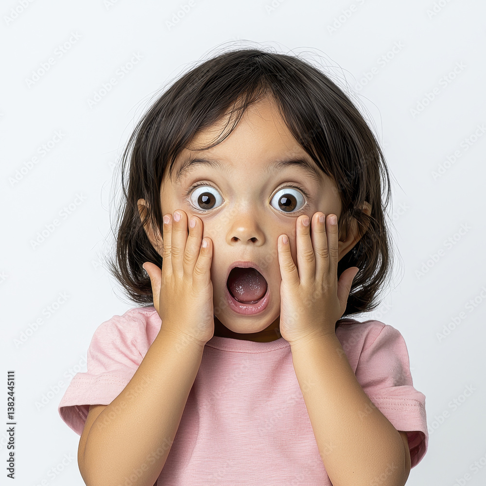 Surprised child with wide eyes and hands on cheeks, wearing pink shirt, against plain white background. expression conveys shock or amazement Surprised child with wide eyes and hands on cheeks, wearing pink shirt, against plain white background. expression conveys shock or amazement
