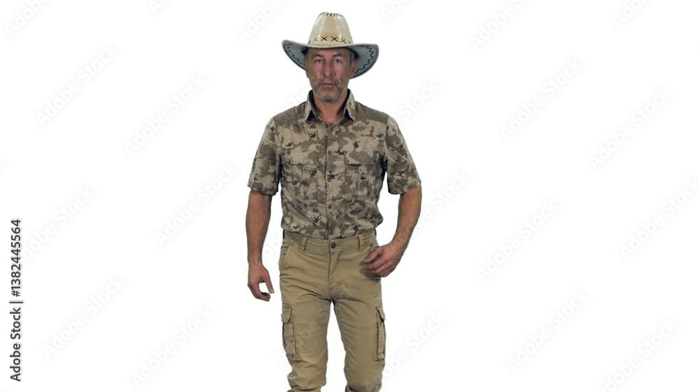 Handsome strong middle aged man ranger walking in camouflage uniform and cowboy hat, Front view, Full HD footage with alpha transparency channel isolated on white background Handsome strong middle aged man ranger walking in camouflage uniform and cowboy hat, Front view, Full HD footage with alpha transparency channel isolated on white background