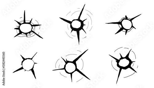 Bullet hole gun shot weapon mark silhouette, impact gun, bullet hole gunshot. Damage from shoot.