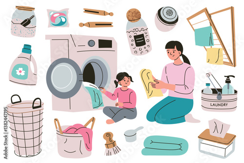 Flat cartoon illustration of girl and mother loading washing machine. Laundry basket, detergent products, capsules, fabric softener, drying rack vector doodle icons. Household, family chores, cleaning