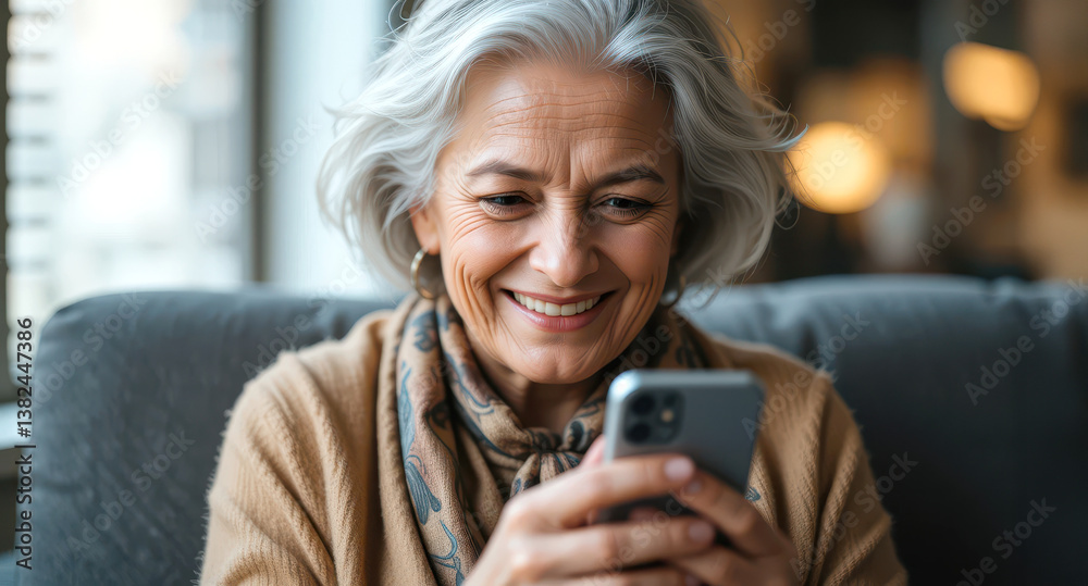 Fototapeta premium Smiling Elderly Woman with White Hair Using Smartphone in Living Room