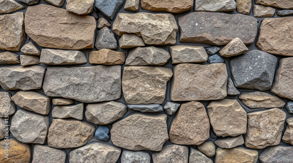 Obraz premium A sturdy stone wall, constructed with a variety of shapes and textures of stone, provides a sense of solidity and timelessness. A striking display of craftsmanship.