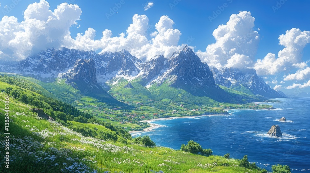 Fototapeta premium Breathtaking coastal landscape featuring majestic mountains and vibrant greenery under a bright blue sky with fluffy clouds