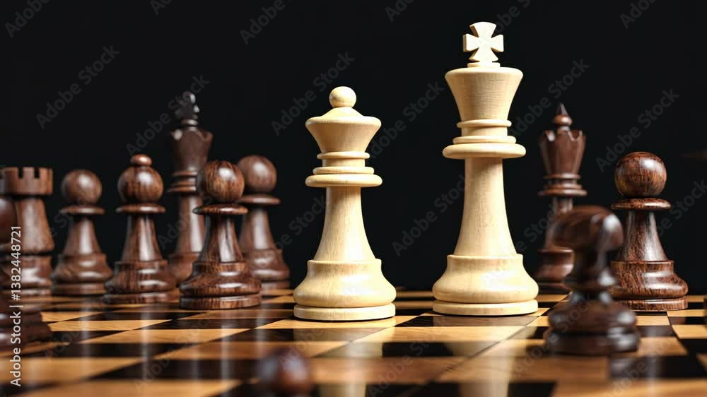 Chess pieces poised for strategy on a well-worn wooden board during an intense match