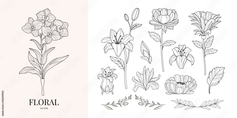 Fototapeta premium Wedding invitation. Botanical set. Elements for border. Single vintage print. Trendy elegant hand drawn floral. Frame. Line art. Silhouette of flowers. Cut out. Brunch. Tattoo. Ink, chalk. Minimalisti