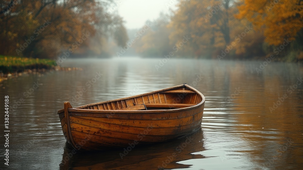 Obraz premium A tranquil wooden boat floating gently on a calm river amidst serene autumn scenery and soft mist
