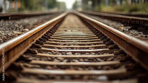 A close-up view of railway tracks leading into the distance, emphasizing perspective and depth.