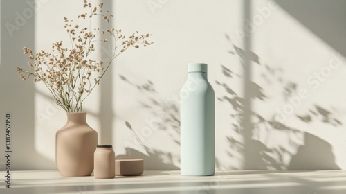 Stylish Home Decor Still Life Dried Flowers Vase Bottle and Jars in Soft Light