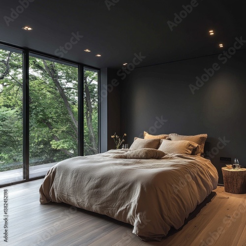 A modern bedroom interior showcasing a large window and bed