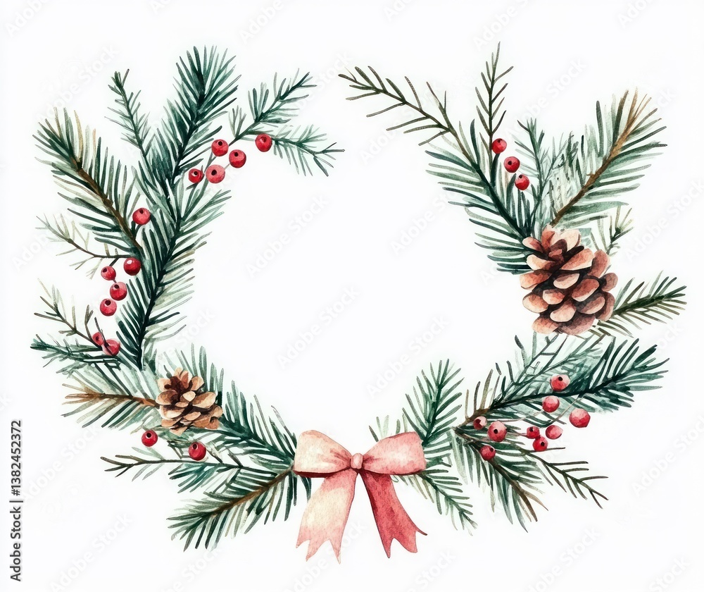 Naklejka premium Christmas Watercolor Floral Frame with Pine Branches and Berries - Isolated White Background for Text