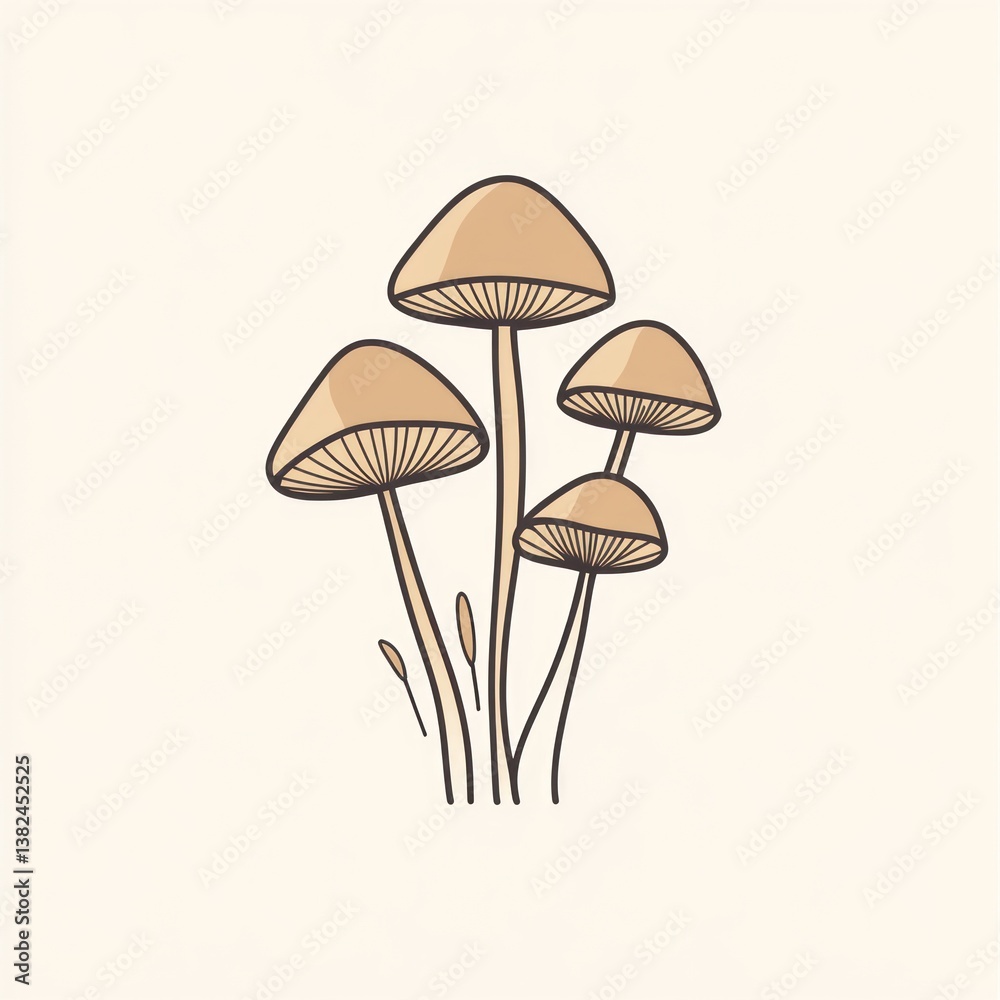 Several mushrooms are drawn with different sized caps and stems Several mushrooms are drawn with different sized caps and stems