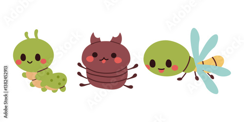 Cartoon insect characters. Children cute bug funny insects mascot, happy beetle garden set, swanky vector illustration original artwork , hand drawn illustration isolate on white.