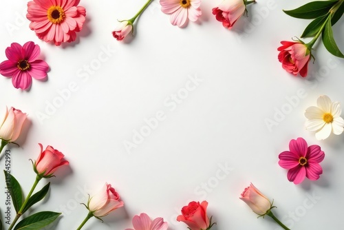 White and colorful flowers scattered on a surface, white background, colorful, bloom