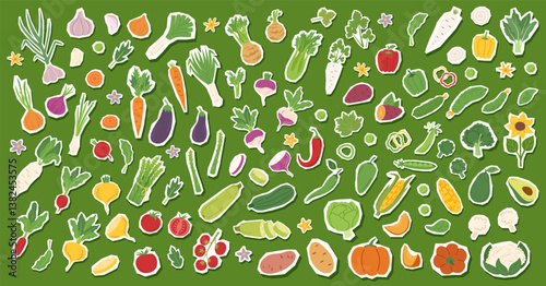 Set of vegetables stickers isolated on green background. Gardening, food, healthy eating and harvest concept cliparts. Vector flat hand drawn banner.