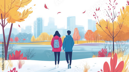 A couple walks hand-in-hand by a serene lake in an autumn cityscape.