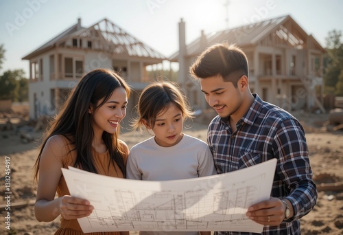 Family discusses building plans on construction site during golden hour