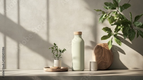 Stylish Green Bottle Mockup with Plants and Wooden Accents on a Table
