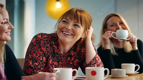 Group of smiling women enjoying coffee together in a cozy caf? with soft lighting and warm atmosphere