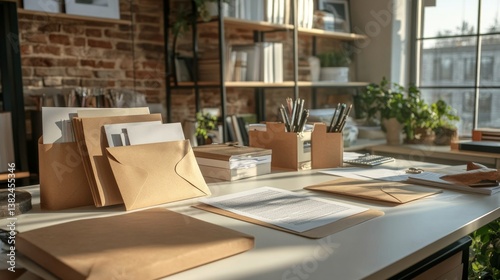Wallpaper Mural Sunlit Workspace Documents and Envelopes on a Desk near Window Torontodigital.ca