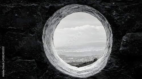 Circular Window Framing a Monochrome Cityscape