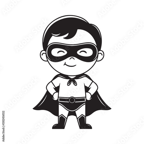A cheerful, black and white cartoon illustration of a young child dressed as a superhero.