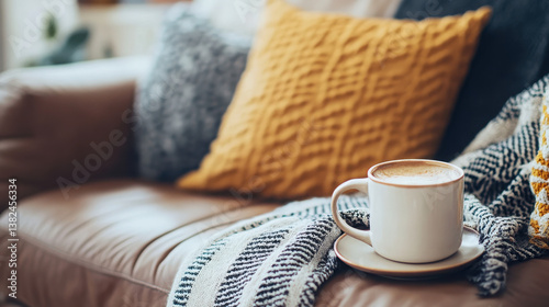 A cozy scene featuring a cup of coffee on a sofa with decorative pillows and a blanket.