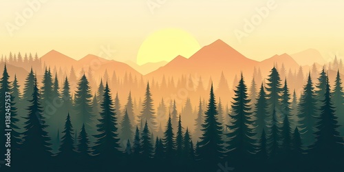 Serene Forest Landscape with Mountains Silhouette and Warm Sunset Glow,  created by ai generated