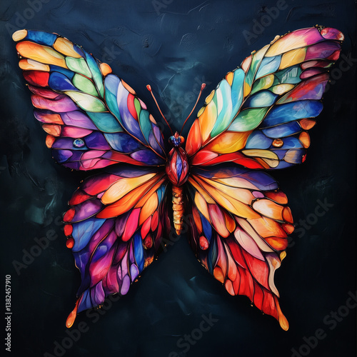 Colorful butterfly with intricate wing patterns on a clean background. Bright, vivid, and symmetrical design ideal for nature, art, and fantasy themes. photo