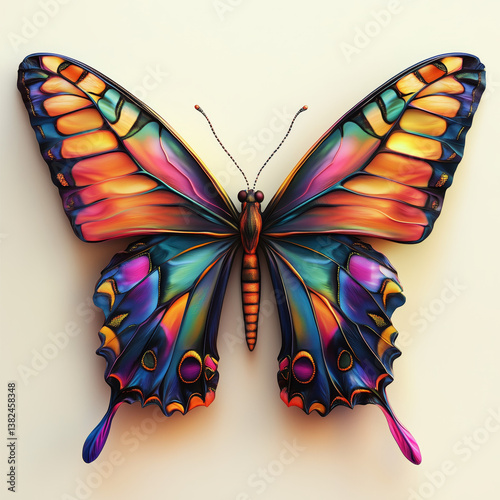 Colorful butterfly with intricate wing patterns on a clean background. Bright, vivid, and symmetrical design ideal for nature, art, and fantasy themes. photo