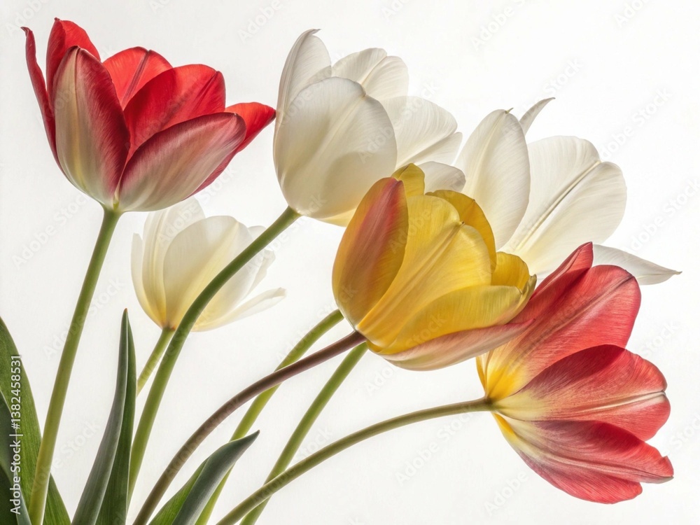 Naklejka premium A side view, closeup of a collection of red, yellow and white tulip flowers isolated on White background