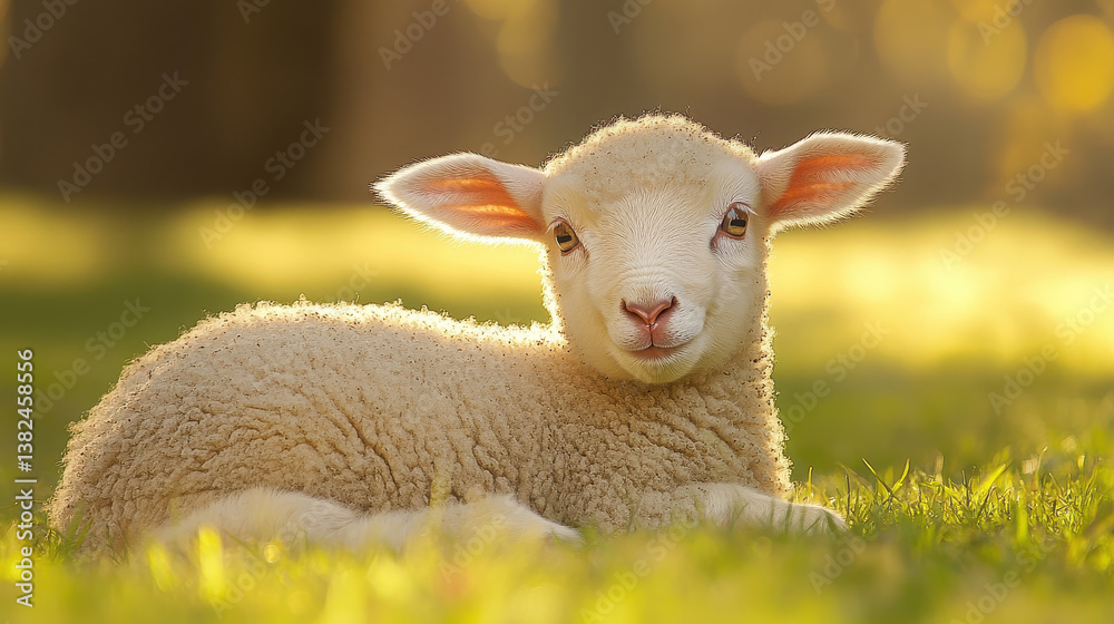 Naklejka premium A cute lamb resting on green grass with a soft background.