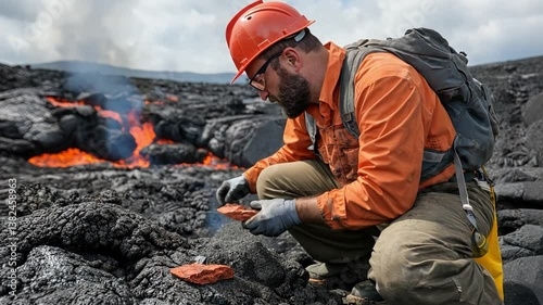 A scientist collecting rock samples near an active lava flow, studying the Earth's inner forces.
