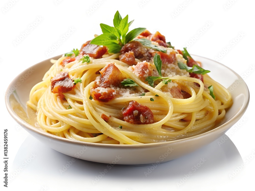 Creamy dreamy spaghetti carbonara, a classic Italian comfort food delight, garnished with fresh basil and a hint of parmesan cheese in a shallow beige bowl. Creamy dreamy spaghetti carbonara, a classic Italian comfort food delight, garnished with fresh basil and a hint of parmesan cheese in a shallow beige bowl.