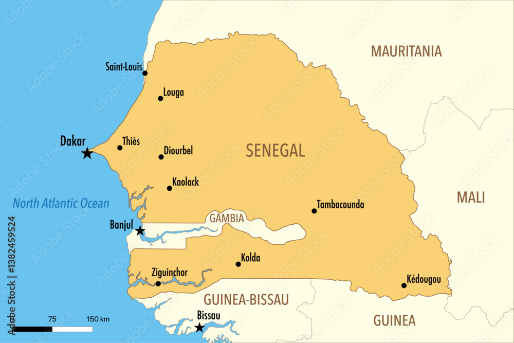 Obraz premium Vector Map of Senegal with Major Cities and Neighboring Countries – Editable Digital Illustration