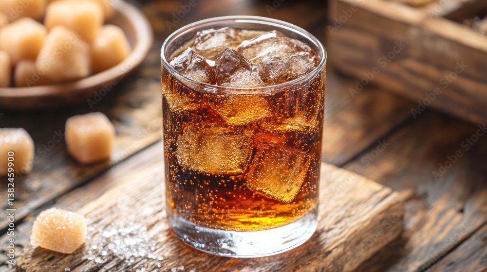 refreshing cold drink with ice cubes and crystallized ginger on a rustic wood surface offering a beverage with a vintage and natural appeal refreshing cold drink with ice cubes and crystallized ginger on a rustic wood surface offering a beverage with a vintage and natural appeal