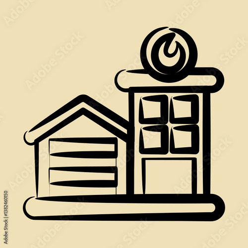 Icon fire station. Building elements. Icons in hand drawn style. Good for prints, web, posters, logo, site plan, map, infographics, etc.