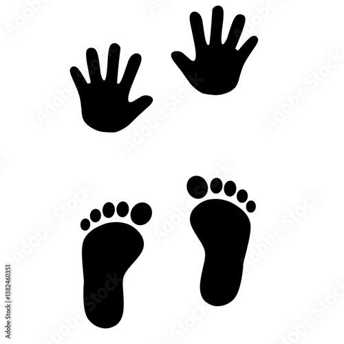 Black silhouette of children's handprints and footprints on a white background. Simple vector design, perfect for baby-related graphics, decorations, and creative projects