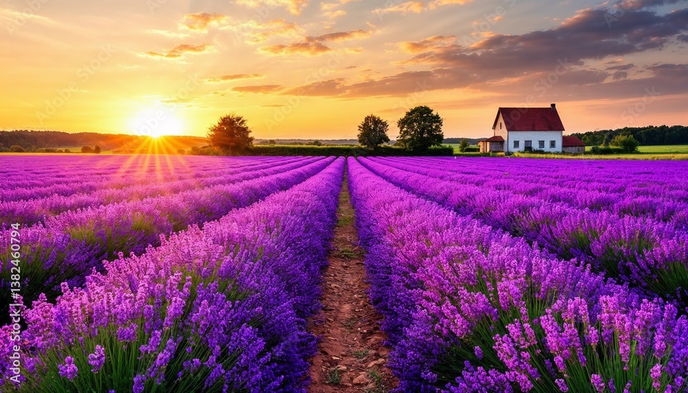 Obraz premium Lavender field at sunset with a house in the background 