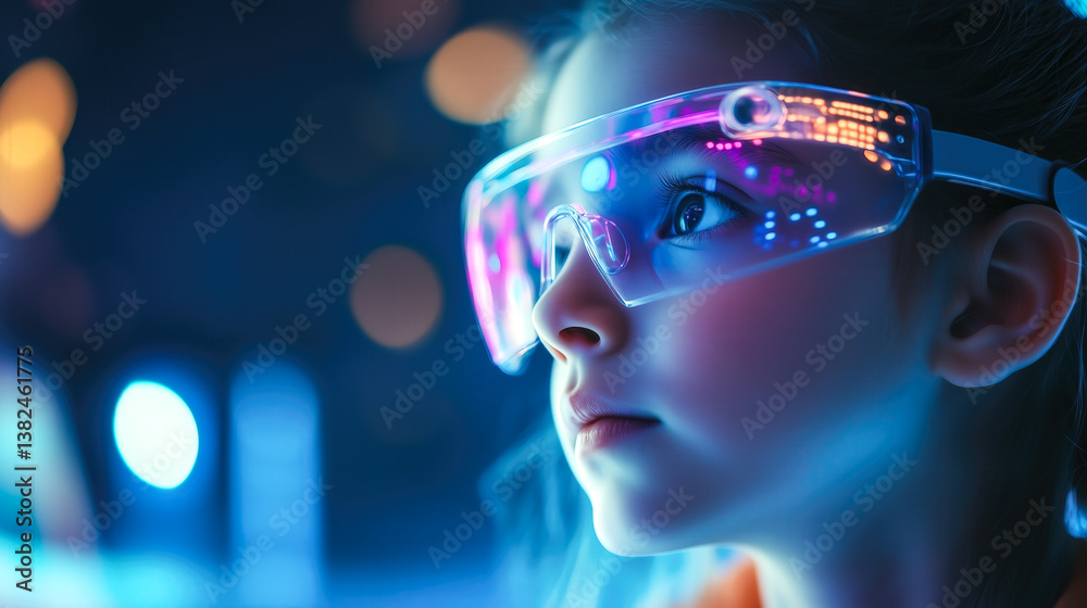 A kid girl learns online using futuristic technology. The concept of the integration of advanced digital tools in education, and learning experiences for the future generation. Generative AI.