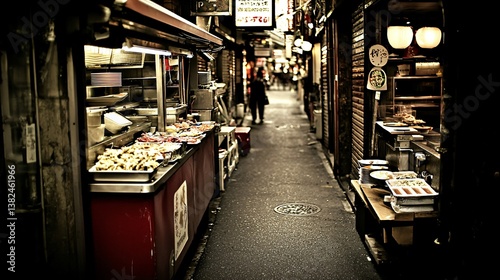 Busy alleyway with food stalls, vendors. Focus on food presentation. Deep color palette