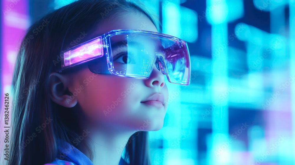 A kid girl learns online using futuristic technology. The concept of the integration of advanced digital tools in education, and learning experiences for the future generation. Generative AI. A kid girl learns online using futuristic technology. The concept of the integration of advanced digital tools in education, and learning experiences for the future generation. Generative AI.