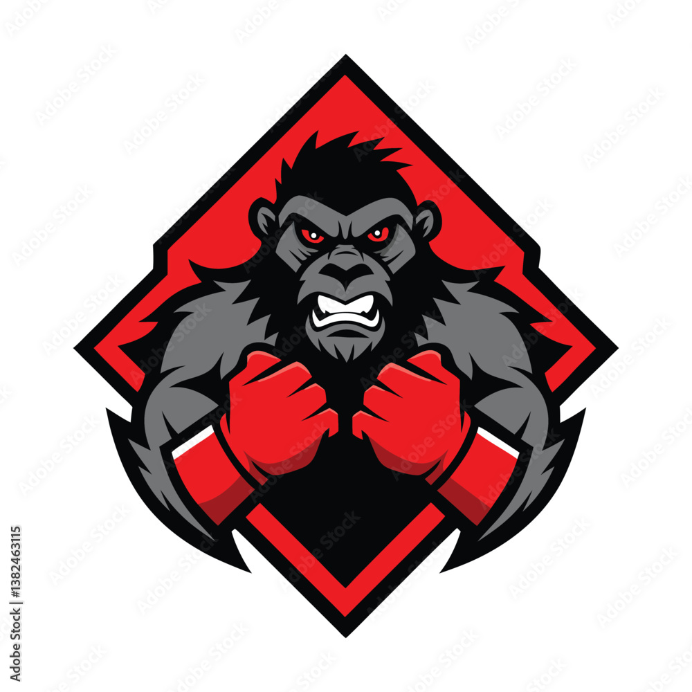 Fototapeta premium A fierce boxing gorilla mascot logo featuring a muscular ape with red gloves in a dynamic pose. Perfect for sports teams, fitness brands, and competitions