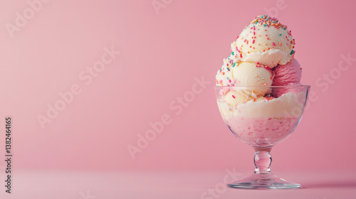 Wallpaper Mural Assorted colorful ice cream scoops elegantly served in a glass dessert bowl against a soft pink background, perfect for banners, advertising photography, and copy space Torontodigital.ca