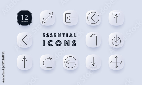 Navigation set icon. Diagonal arrow, left arrow, circular back, split upward, left angle, curve turn, down circle, upward line, round curve, back circle, download, four direction