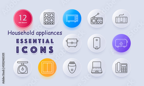 Household appliances set icon. Gas stove, microwave, radio, keyboard, cooking pot, boiler, toaster, kitchen scale, window shutter, epilator, notebook, office phone