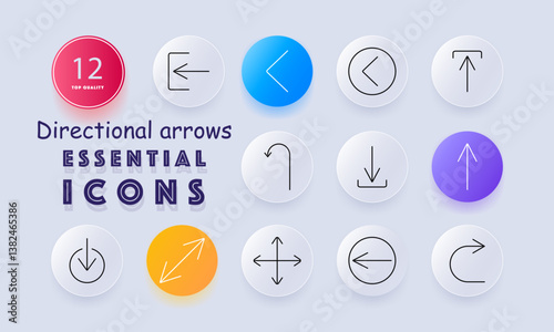 Directional arrows set icon. Upward line, double chevron, forward angle, minimal chevron, curved sweep, sharp tip, thick line, leftward pointer, circular motion, vertical pair, downward circle