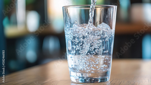 A glass filled with sparkling water being poured, capturing refreshment and hydration.